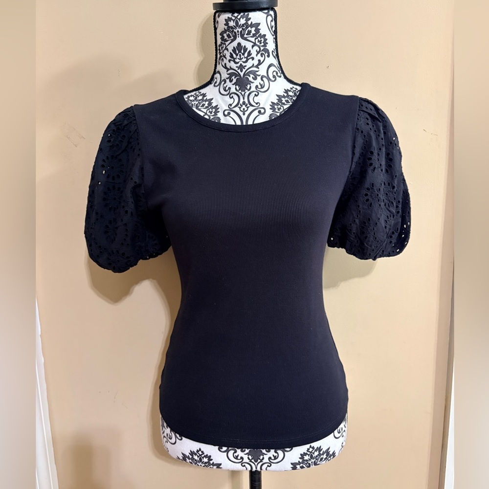 PAIGE Marina Black Puff Eyelet Short Sleeve Top NWT Medium